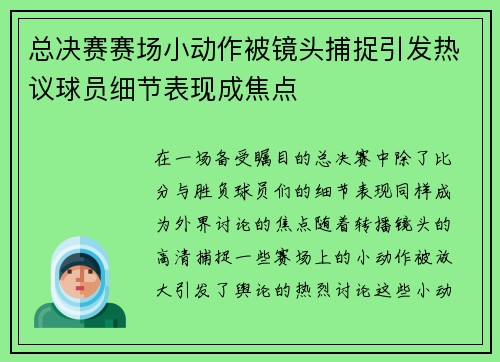 总决赛赛场小动作被镜头捕捉引发热议球员细节表现成焦点 总决赛赛场小动作被镜头捕捉引发热议球员细节表现成焦点